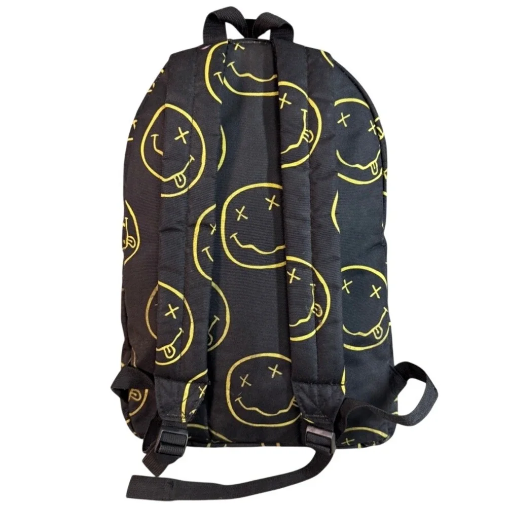 Nirvana Smiley Face Logo Backpack Black Yellow Canvas Music Band School Bag
